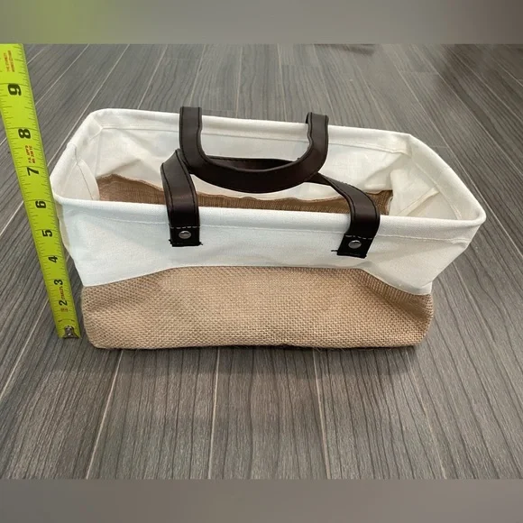 White and Tan Canvas Gift Tote with faux Brown Leather Handles - Picture 6 of 7